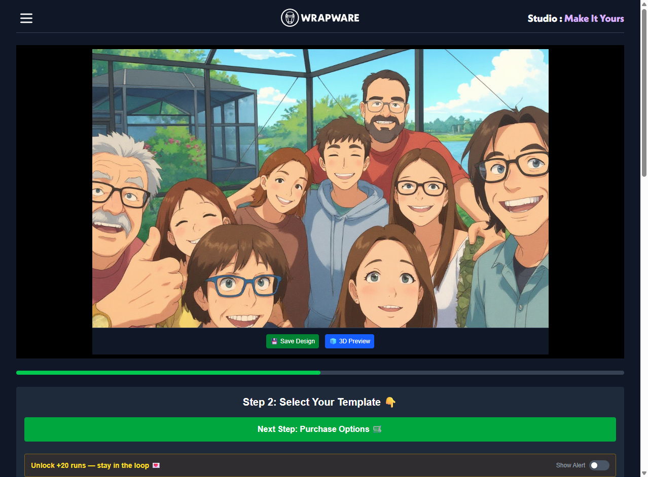 Emojico Studio customer design flow showing generated wrap artwork and template selection