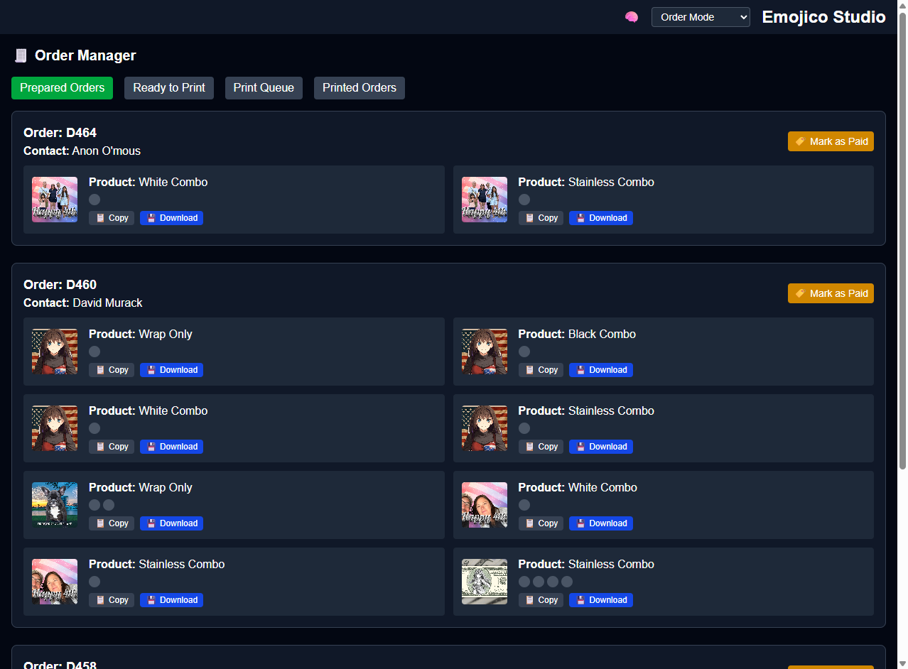 Emojico Studio order manager showing prepared orders and production asset actions