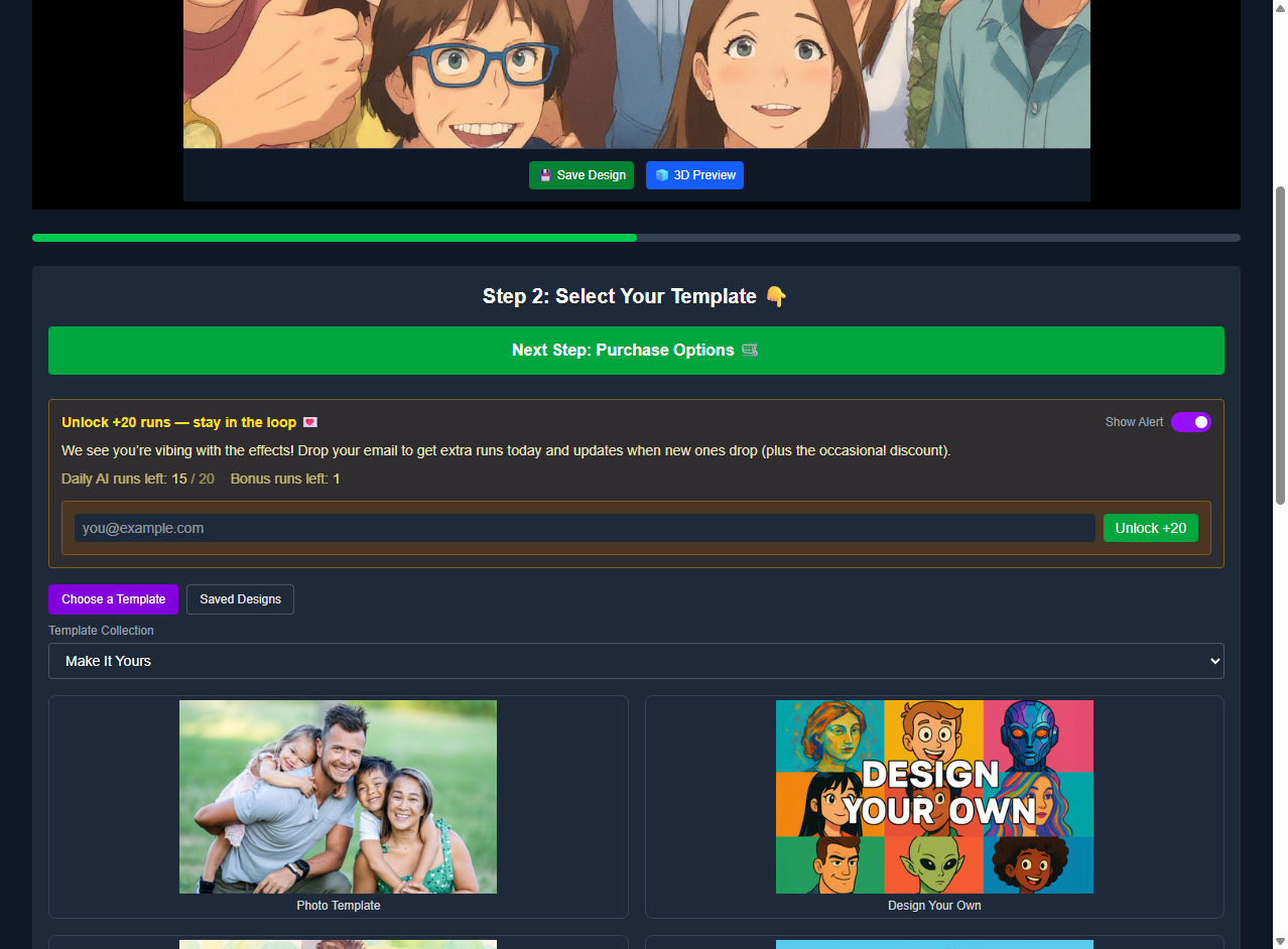 Emojico Studio customer template selection and checkout handoff view